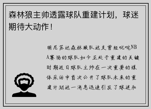 森林狼主帅透露球队重建计划，球迷期待大动作！