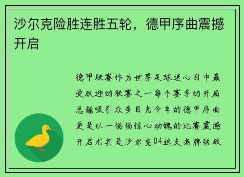 沙尔克险胜连胜五轮，德甲序曲震撼开启