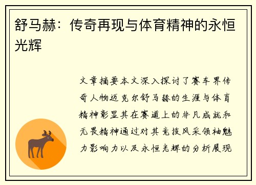 舒马赫：传奇再现与体育精神的永恒光辉