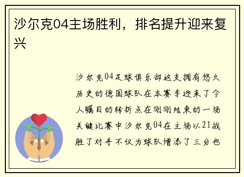 沙尔克04主场胜利，排名提升迎来复兴